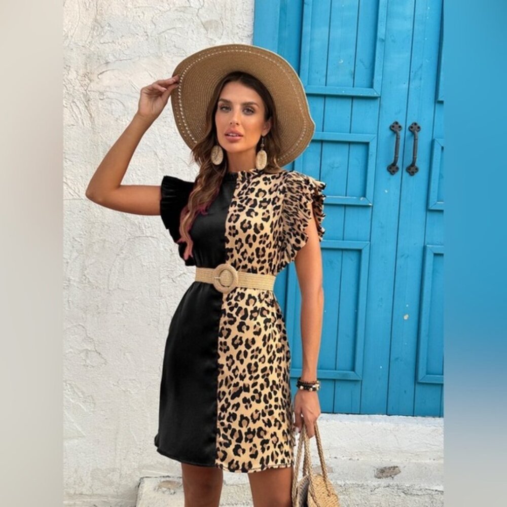 Leopard Color Block Ruffle Sleeve Dress - Picture 10 of 10
